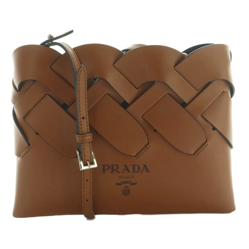 Prada Tres Woven Shoulder Bag Square Leather Brown